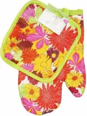 2 pc PRINTED SET: 1 OVEN MITT & POT HOLDER, BRIGHT FLOWERS & LEAVES, light green