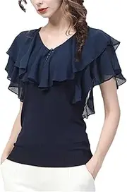 [Generic] Women Summer Ruffle Chiffon Blouse Short Sleeve Spliced Shirt