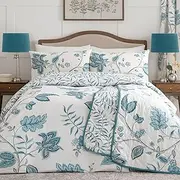Dreams & Drapes Teal Floral Duvet Cover Sets - Double Bedding Size (200 x 200cm) - Turquoise Damask Bedding - White & Blue Duvet Cover - Traditional/Vintage Bedding in Teal Blue