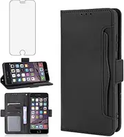 Compatible with iPhone 6plus 6splus 6/6s Plus Wallet Case and Tempered Glass Screen Protector Card Holder Credit ID Slot Phone Cover for iPhone6 6+ iPhone6s 6s+ i 6P 6a S Six Women Men Black
