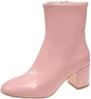 [ZJWBB] Women's GoGo Boots Pointed Calf Block Heel Ankle Boots Patent Leather Side Zipper Booties