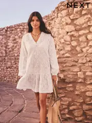 White 3D Cornelli Embelished Long Sleeve Tiered 100% Cotton Mini Dress (AE4213) | $50