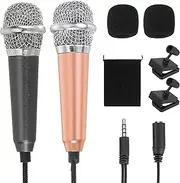 uxcell 2Pcs Mini Microphone, Mic Tiny Microphone with Sponge Cover, Holder and Drawstring Bag Portable for Karaoke Voice Video Recording Singing (Black/Gold)