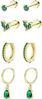 Niaspi 4Pairs Small Surgical Steel Earrings Set for Women Dainty Green CZ Cartilage Stud Hoop Earring Hypoallergenic Tragus Helix Rook Daith Piercing Jewelry