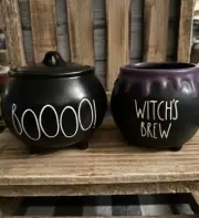 Rae Dunn Halloween BOOOO! Black Cauldron Canister & Witch’s Brew Mug Set Decor