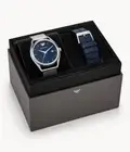 Emporio Armani Men's Date Silver Mesh &Blue Leather Strap Watch Set AR80054 $245