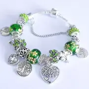 Tree Of Life Charm Bracelet-Green Bead Bangle Silver Plated Heart Charms Bangles