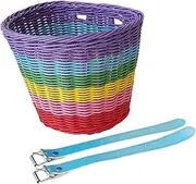 Oshhni Kids Bike Basket Front Bicycle Basket with Straps Rainbow Basket Storage Imitation Rattan Basket for Tricycle Riding Scooter
