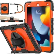 SEYMAC stock Case for iPad 9th/ 8th/ 7th Generation 10.2’’, Shockproof Case with Screen Protector Pencil Holder [360° Rotating Hand Strap] &Stand for iPad 10.2 inch 2021/2020/2019 (Orange+Black)