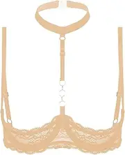 [Sinleey] Women's Sheer Lace Halter Neck O Ring Open Nipples Underwired Bra Tops Unlined Bralette