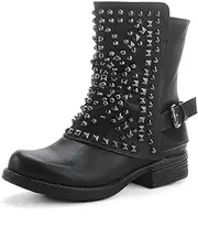 [Pogolino] ST016 Women's Ankle Boots Rivets Biker Boots with Zip Flat Comfortable Boots