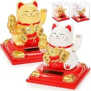 Cididu 2 Pack Solar Waving Cat, Lucky Cat Waving Arm Solar Powered, Good Luck Fortune Cat Window Sun Catcher Car Dashboard Decor, Portable Suncatchers Welcoming Cat with Clear Cover