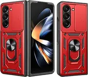 [BOKYAS] Armor Case for Samsung Galaxy Z Fold6 with Slide Camera Protection Cover and Ring Stand [Mobile Phone Case Compatible with Car Magnet] Military Shockproof Case, Red