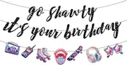 Go Shawty It's Your Birthday Banner, Music Theme Birthday Banner Birthday Decorations Black Pre-Assembled Reusable Shiny Black Happy Birthday Banner for Birthday Parties