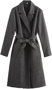 [Generic] Women's Lace Up Plaid Coat With Lapel Button Pocket Decoration Winter Clothing