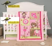 New Baby Girls 3 Pieces Cotton Nursery Bedding Crib Cot Sets-Pink Jungle Animals