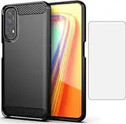 [Asuwish] Phone Case for Oppo Realme 7 4G / Narzo 20 Pro with Tempered Glass Screen Protector Cover and Cell Accessories Soft Slim TPU Silicone Rubber Realme7 Narzo20 20Pro Women Men Carbon Fiber Black