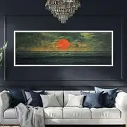 O C E A N O N F I R E Panoramic Framed Print Ultra Wide Wall Art Sunset Over A Deep Green Sea Mcm Style Boho Wall Decor