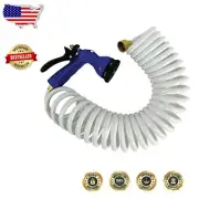 Durable White Coiled Hose 15' with Adjustable Nozzle & User-Friendly Features
