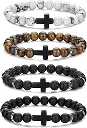 [RANKEEF] Tiger Eye Bracelet For Men 8MM Natural Stone Beads Bracelet Set Stretch Lava Rock Bracelets Adjustable Black Crystal Beaded Bracelet for Men Women Gifts
