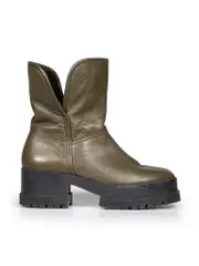 Khaki Leather Shearling Platform Boots