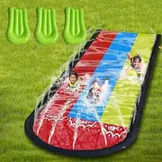 Zarmanuae Triple Lane Lawn Water Slides, for Backyard Games Slip and Slide with 3 Boogie Boards 4.8m Long Triple Land Slip with Double Sprinkler (Triple Racing Slide)