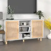 Natural Rattan Sideboard, Storage Cabinet with 2 Doors, Console Table with 5 Compartments for Living Room, Dining Room, Kitchen, Easy Assemble, 105x30x60 cm, White