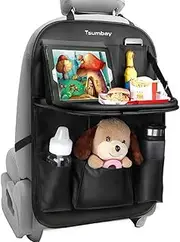 Car Back Seat Organizer Tsumbay PU Leather Car Storage Organizer with Foldable Table Tray, Tablet Holder, 9 Storage Pockets, Car Back Seat Protectors Kick Mats Car Travel Accessories for Kids (1 Pack)