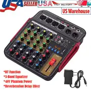 4 Channel Audio Mixer Digital Mixing Console BT USB 48V Phantom Power 3-Band EQ