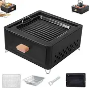 Desktop Charcoal Grill, Iron Hibachi Charcoal Grill, Tabletop Small Portable Barbecue Grill, Tea Making Stove Set, for Outdoor BBQ Cooking Camping Hiking Picnics Backpacking, Saving Space Grills(Black
