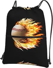 EdWal Fire Baseball Print Drawstring Backpack Gym Bags Sports Bags With Zipper Pocket For Travel Beach, Black, One Size