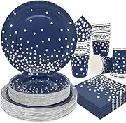 200 PCS Navy Blue Plates and Napkins Party Supplies,Navy Blue Paper Plates Serve 50 Guests,Blue and Silver Birthday Plates Disposable for Wedding Anniversary Retirement Graduation Decorations