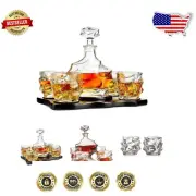Elegant 4-Piece Crystal Bourbon Glasses and Whiskey Decanter Set on Wood Tray
