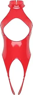 [Linjinx] Women's Shiny Leather Cut Out Shirts Bodysuit Mock Neck Sleeveless Hollow Out Leotard Tops