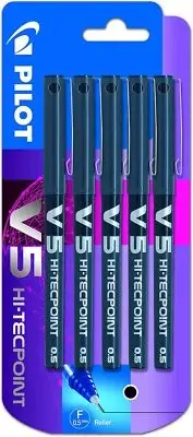 Pilot V5 0.5 mm Liquid Ink Rollerball Pen - Black (Pack of 5), 3131910541103