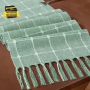 Rustic Embroidered Lattice Table Runner 36 Inches Emerald Green Plaid Farmhouse