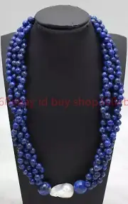 4 Row 6mm Blue Lapis Lazuli Round Gems Bead White Baroque Pearl Necklace 18-20in