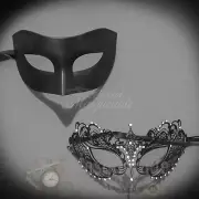 Couples Black Minimalist and Black Extravagant Costume Party Masquerade Mask Set
