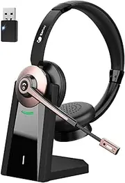Wireless Headset, Bluetooth Headset with Microphone and Noise Cancelling & USB Dongle, Wireless Headphones with Microphone Mute & Charging Station for Computer/Phone/Meeting/Call Center/Office