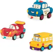 B. Toys – Mini Wheee-Ls! – Toy Police Car, Racecar, & School Bus Set – Soft Pull-Back Vehicles for Kids Ages 1+ (3Piece)