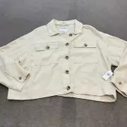 Old Navy Jacket Women XL Linen Rayon Blend Beige Cropped Button NWT