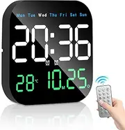 Necomi Digital Wall Clock, 9'' LED Digital Clock Wall with Remote Control for Living Room Decoration, Week/Date/Temperature in 3 Colors, Auto Brightness, Standing & Hanging