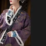 [JIMINISO] Chinese Traditional Purple Fur Collar Lotus Printed Thickened Tang Suit Top Elegant Cheongsam Jackets Blouse