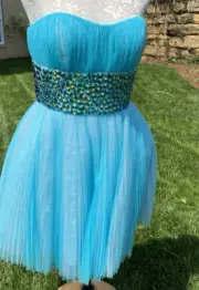 SHERRI HILL~MINI~ SWEETHEART PROM PAGEANT~ AQUA BLUE~ STRAPLESS~ CRYSTALS Sz 12