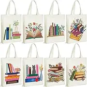 Sweetude 8 Pcs Book Lovers Club Gifts Canvas Book Tote Bag with Zipper Interior Pocket Aesthetic Reusable for Teacher Women