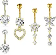 [Thalorix] 5PCS Gold Belly Button Ring Dangle Navel Piercing Jewelry Clear CZ Heart Butterfly Flower Navel Rings for Women 14G Stainless Steel Dainty Dangly Dangling Belly Button Piercing, 14G, 10mm