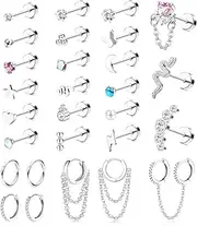 [Kakonia] 28Pcs 14K Gold Plated Cartilage Stud Earrings and Hoops Set Stainless Steel Conch Helix Tragus Flatback Stud Earrings Dangle Chain Huggie Hoop Earrings Set for Multiple Piercing
