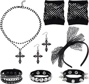 [UNICRAFTALE] about 80s Women Costume Accessories PU Leather Rivets Punk Bracelets Black Cross Necklace Rhinestone Cross Dangle Earrings Lace Headband Fishnet Short Glove for Halloween Decorations,