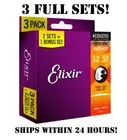 *3 SETS ELIXIR 16052 NANOWEB ACOUSTIC GUITAR STRINGS LIGHT 12-53 PHOSPHOR BRONZE