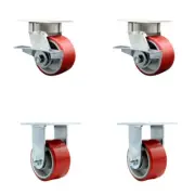 4 Inch KP Red Poly on Cast Iron Caster Set with Ball Bearings 2 Brakes 2 Rigid